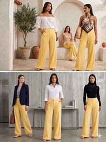 SUN 100% Washed Cotton Low Waist Straight Pants Linen Pants For Women Pants For Summer Cotton Pants Women Wide Leg Pants Women Pants For Summer, Fall, Fall Clothes For Women Pants For Summer - 黃色 - 查看 2