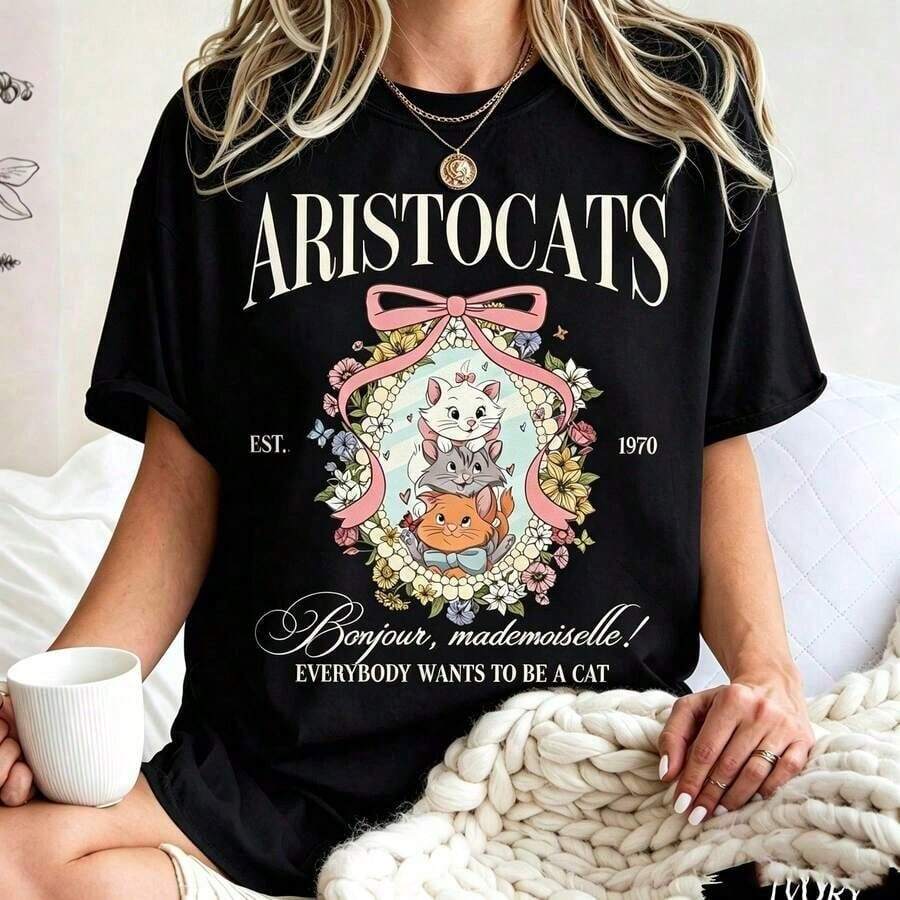 Disney Cotton T-Shirt Disney Women's T-Shirt 1PC Licensed "Vintage Radiator Springs Lightning McQueen & Cars Crew Group Portrait" Cartoon Printed - 黑色 - 查看 1