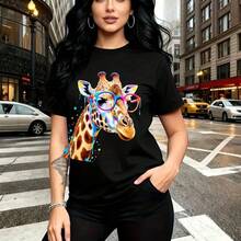 Camiseta de mujer con estampado de jirafa con gafas de sol arcoíris - camiseta casual de manga corta, ajuste cómodo y moderno, estilo urbano vibrante para la vida nocturna en la ciudad - ideal para regalar a mamá, esposa, novia, hermana mayor o herma - Negro - Ver 10