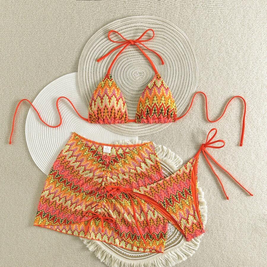 New Three-Piece Swimsuit Set With Embroidery And Gradient, Very Sensual - oranye - View 1