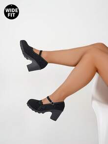 Tacones altos para mujer talla grande, versión extra ancha y extra grande, diseño de nudo chino, elegante y versátil - Negro - Ver 6