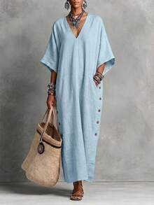 2026 New Linen Loose V-Neck Side Button Vacation Casual Long Dress - Khaki - View 8