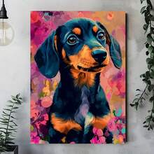 Enmarcado 1 lienzo enmarcado para pared - Cachorro de perro salchicha con flores vibrantes, póster vertical artístico para decoración del hogar, oficina o dormitorio, decoración de primavera para interiores y exteriores, regalo para el Día de la Madre, Pascua o graduación, decoración para perros, obra de arte de colores vivos | Marco decorativo - Enmarcado - Ver 4