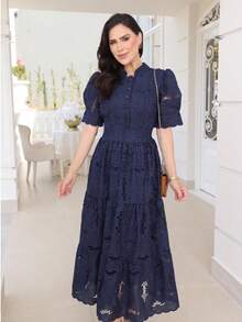 Women's Elegant Floral Embroidered Lace Midi Dress, 100% Cotton, With Puff Sleeves, Front Buttons And Full Skirt - Romantic And Sophisticated Look, Summer 2025 - 藏蓝色 - 查看 2