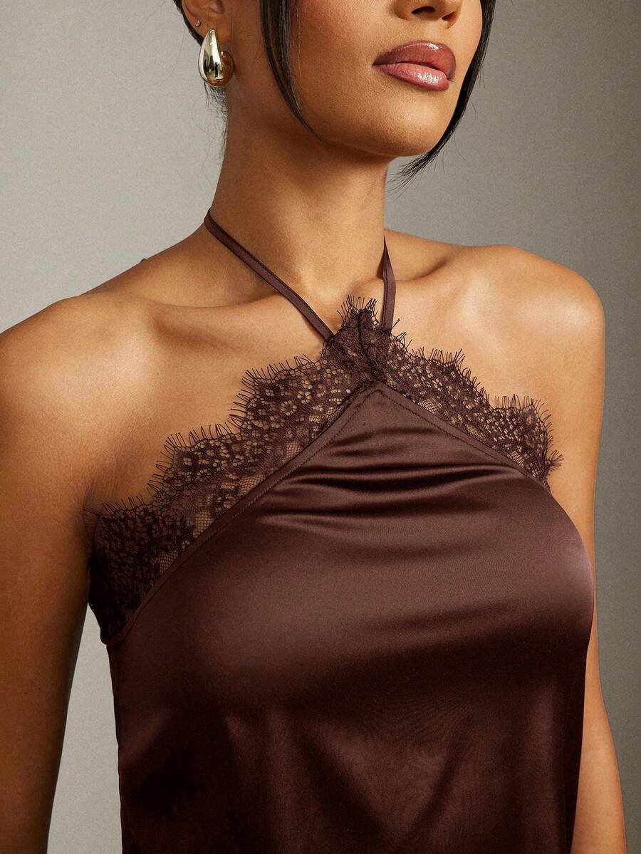 Top de tirantes con detalle de encaje sexy para la oficina en verano - Marrón - Ver 1