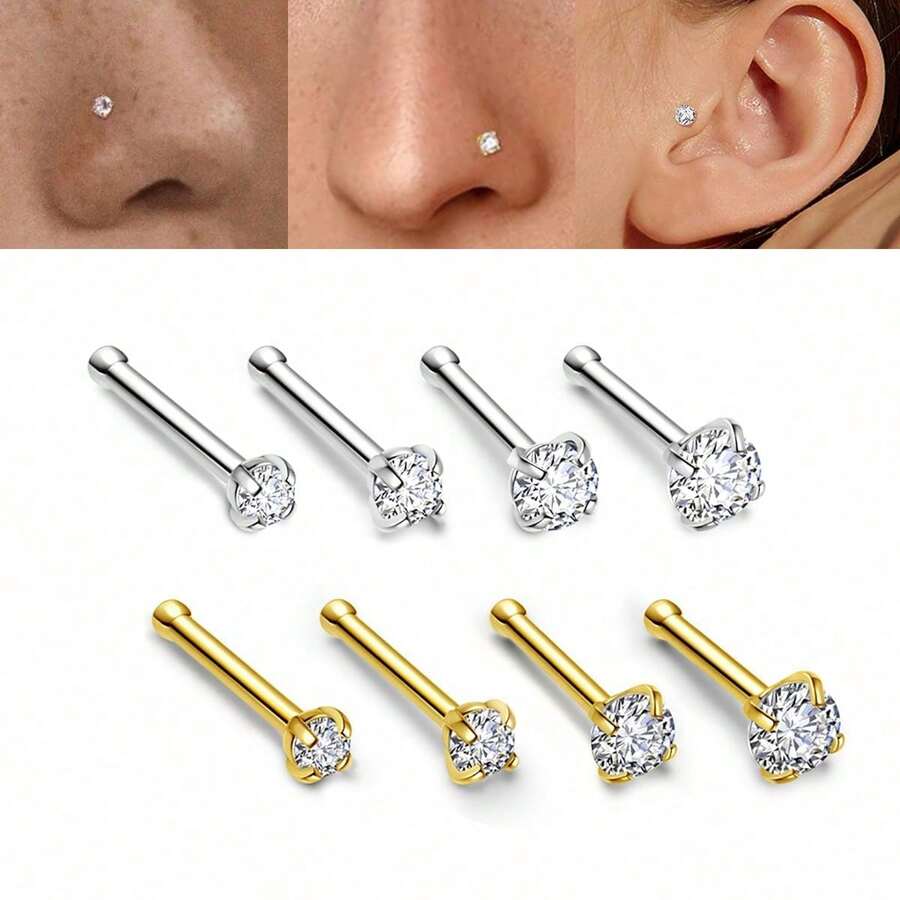 1/4件低過敏鼻環,18K鍍金I型鼻釘穿刺飾品,1.5mm/2mm/3mm立方氧化鋯鼻環,軟骨耳環,適合女性,度假風身體穿刺配件 - 鼻釘 - 查看 1