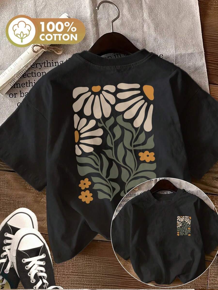 Women's Short-Sleeved Round Neck T-Shirt With Decorative Print, Spring/Summer Casual Top, Women's Clothing, Women's T-Shirt. - 黑色 - 查看 1