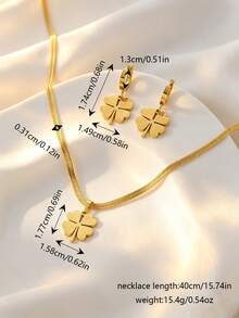Titanium Steel Clover Necklace And Earring Set, Herringbone Chain, Low Allergy Jewelry For Daily Wear - Yellow Gold - View 8