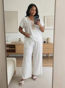 SHEIN Lady CURVE 大码女士夏季服装两件套女士度假服装女士商务休闲女士两件套夏季服装乡村服装 - 白色 - 查看 4