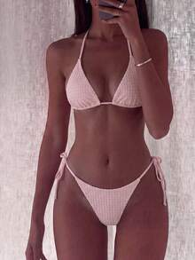 2026 Summer New Fashionable Solid Color Elegant Resort Beach Essential Women's Bikini Set Pink Vacation - Pink - View 3