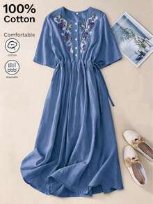 Women's Loose Waist Drawstring Vintage Embroidered Vacation Dress, Spring/Summer Elegant - Dusty Blue - View 3