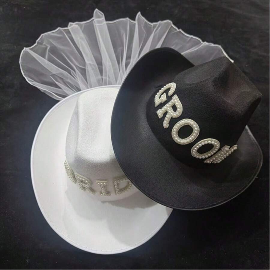 1pc Bride White Veil Denim Hat & Groom Faux Pearl Letter Top Hat, Pre-Wedding Bachelorette Party Photo Props, Wedding Decor Western Cowboy Country Wedding Decoration, Creative Wedding Gift For Bride And Groom - View 1