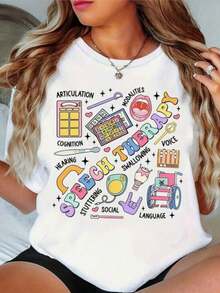Women's Graphic T-Shirt For Speech Therapists - Comfortable Professional Clothing With Communication Icons - Casual Stretch Cotton And Spandex Tee - Machine Washable, Great For E - 白色 - 查看 1