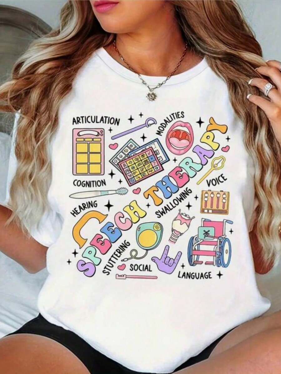 Women's Graphic T-Shirt For Speech Therapists - Comfortable Professional Clothing With Communication Icons - Casual Stretch Cotton And Spandex Tee - Machine Washable, Great For E - 白色 - 查看 1