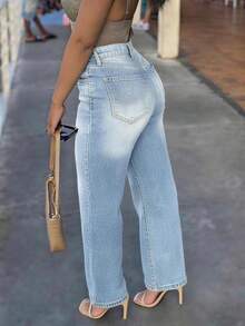 Women's Casual Loose-Fit Solid-Color Mid-Rise Straight-Leg Jeans - Featuring Distressed Rips And Tears; Suitable For All Seasons. - Màu xanh bạc hà - Xem 5