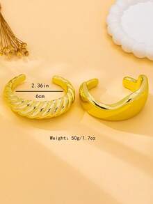 2pcs/Set Women's Fashion Open Bangle Bracelet Set, Bohemian Style Plain And Textured Open Bangles, Suitable For Daily Wear And Vacation - Yellow Gold - View 8
