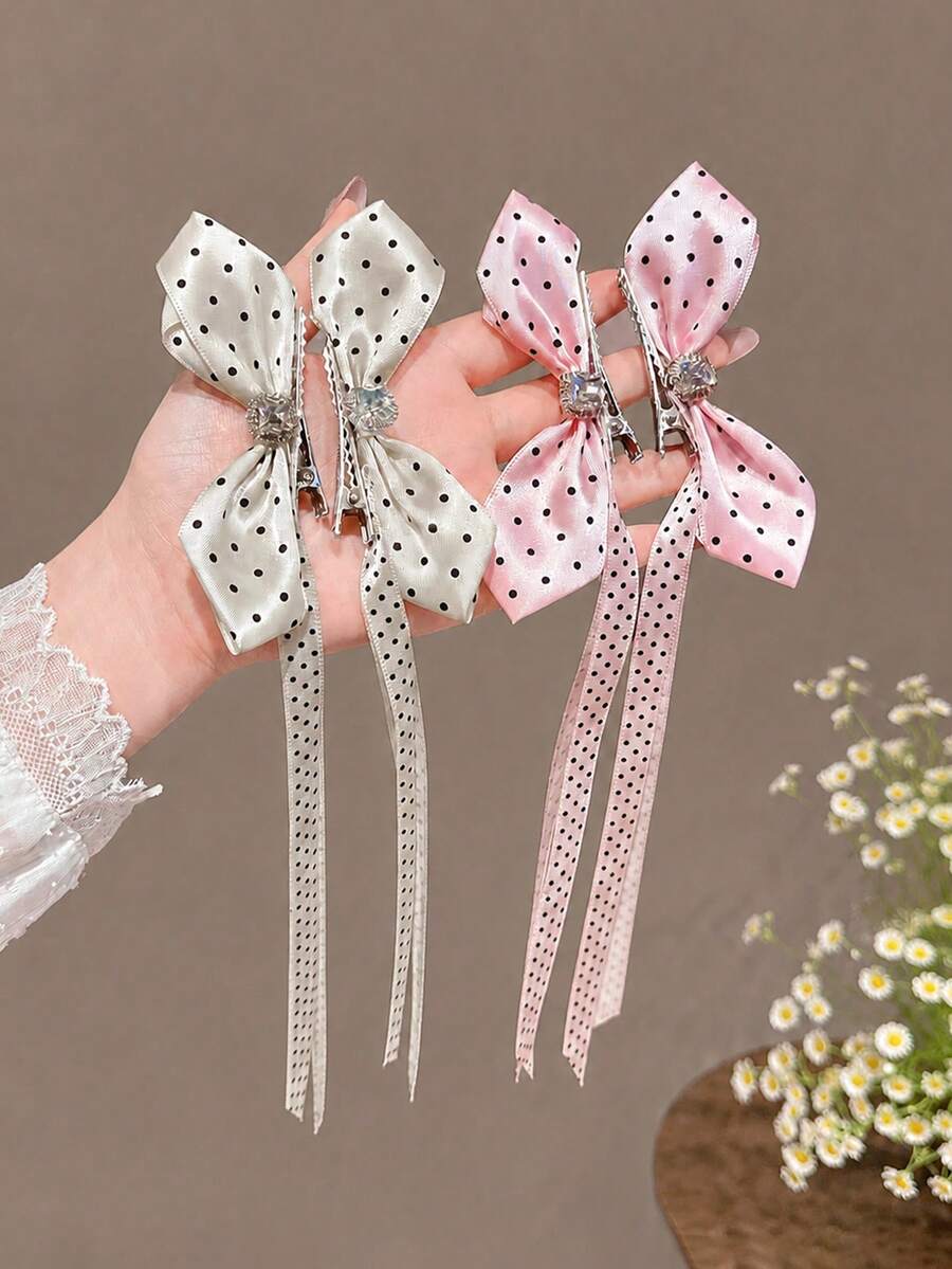 4 Pcs/2 Pcs Women's 5.5 Cm/2.17 Inch Korean Style Polka Dot Bow Ribbon Rhinestone Hair Clip Elegant Side Braided Duckbill Hair Accessory Suitable For Daily, Casual, Party, Work, Vacation, Makeup, Outfit Matching, Spring Hair Clip, Summer Hair Clip, Autumn Hair Clip, Winter Hair Clip,Hair Claws - Multicolor - View 1