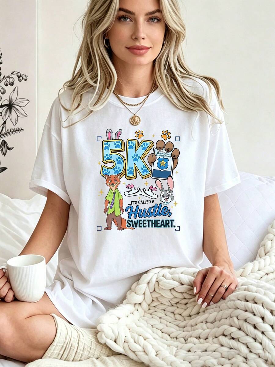 Breathable Cotton Disney Fan Tee | "Zootopia" Judy Hopps & Nick Wilde Running Print | Fun Race Short-Sleeve Shirt - White - View 1