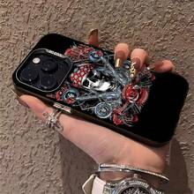 **Funda para móvil con diseño de calavera punk y rosa, compatible con Samsung, Apple, VIVO, OPPO, , Transsion, ,  y Honor. Fabricada en TPU, ofrece protección contra golpes y caídas. Un regalo ideal para amigos y familiares.** - Negro - Ver 4