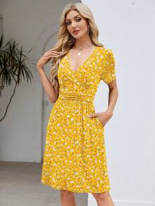 Womens Summer Dresses For Women 2026 Spring Floral Sundress Short Sleeve V Neck Wrap Dress With Pockets Festival Outfits Elegant Dress For Women Dress For Women - 03 黃色花卉 - 查看 5