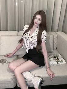 Women's Vintage Satin Polka Dot Bow Decor V-Neck Tie Top, Summer Style - Champagne - View 6