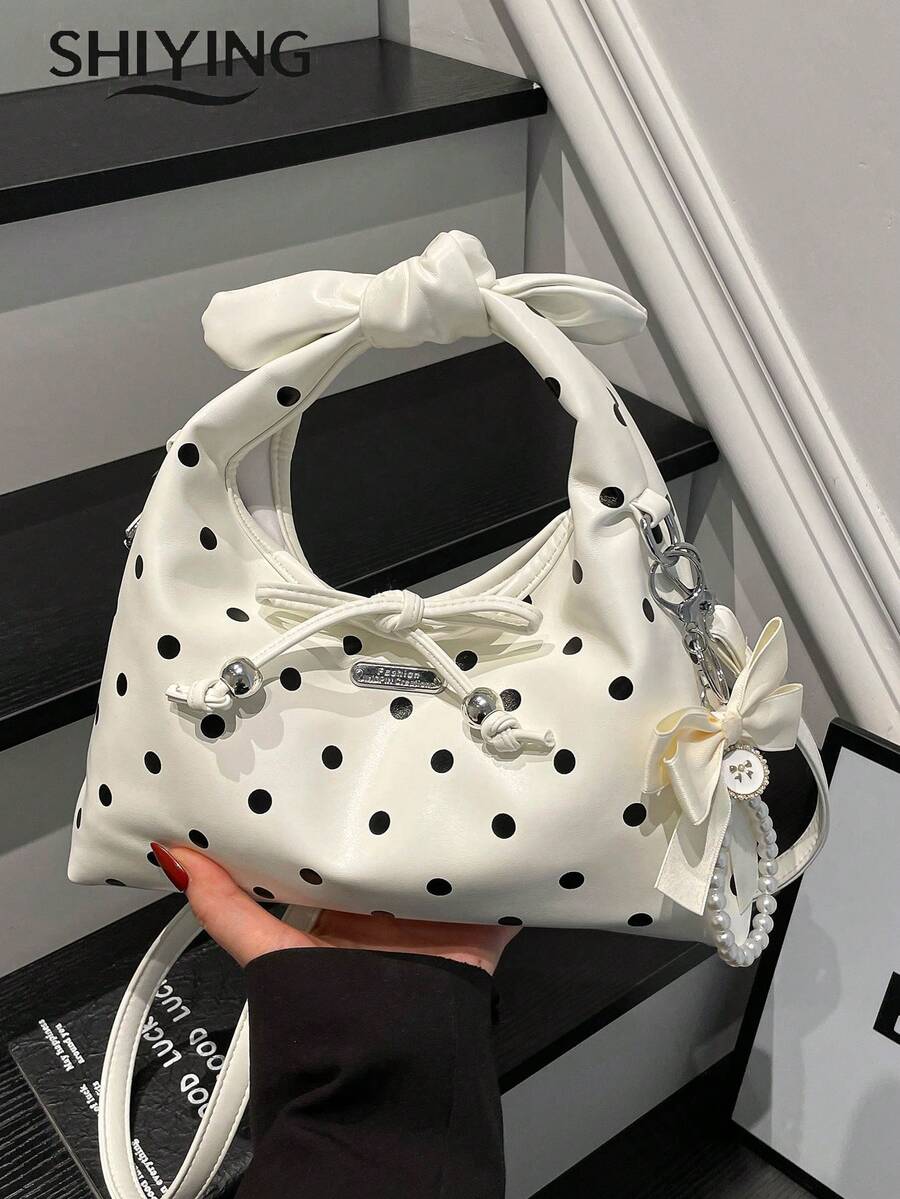 Fashion Polka Dot Handbag, Women's Multifunctional Shoulder Crossbody Bag, Vintage Bowknot Decor Drawstring Crescent Bag