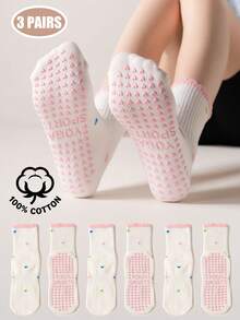 1/3 Pairs Women's 100% Cotton Yoga Socks, Non-Slip Heart Silicone Grips Pilates Socks, Ruffle Trim Breathable Socks For Barre, Dance & Home Workout - Multicolor - View 15