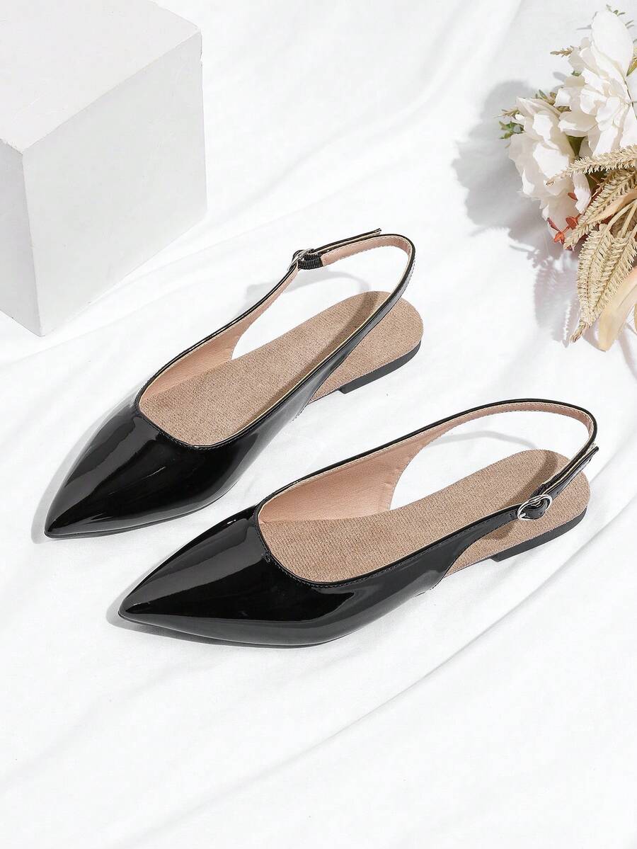 Glossy Pointed Toe Flat Slide Sandals For Women - Black - View 1