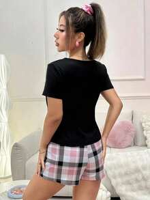 黑色短袖上衣與印花短褲 2 件組女款睡衣套裝 - 黑色 - 查看 3