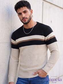 Men's Long-Sleeved Knitted Sweater With Striped Crew Neck - Winter Fashion - Putih gading/Pasir/Hitam - View 1