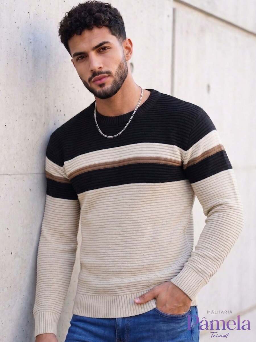 Men's Long-Sleeved Knitted Sweater With Striped Crew Neck - Winter Fashion - Putih gading/Pasir/Hitam - View 1