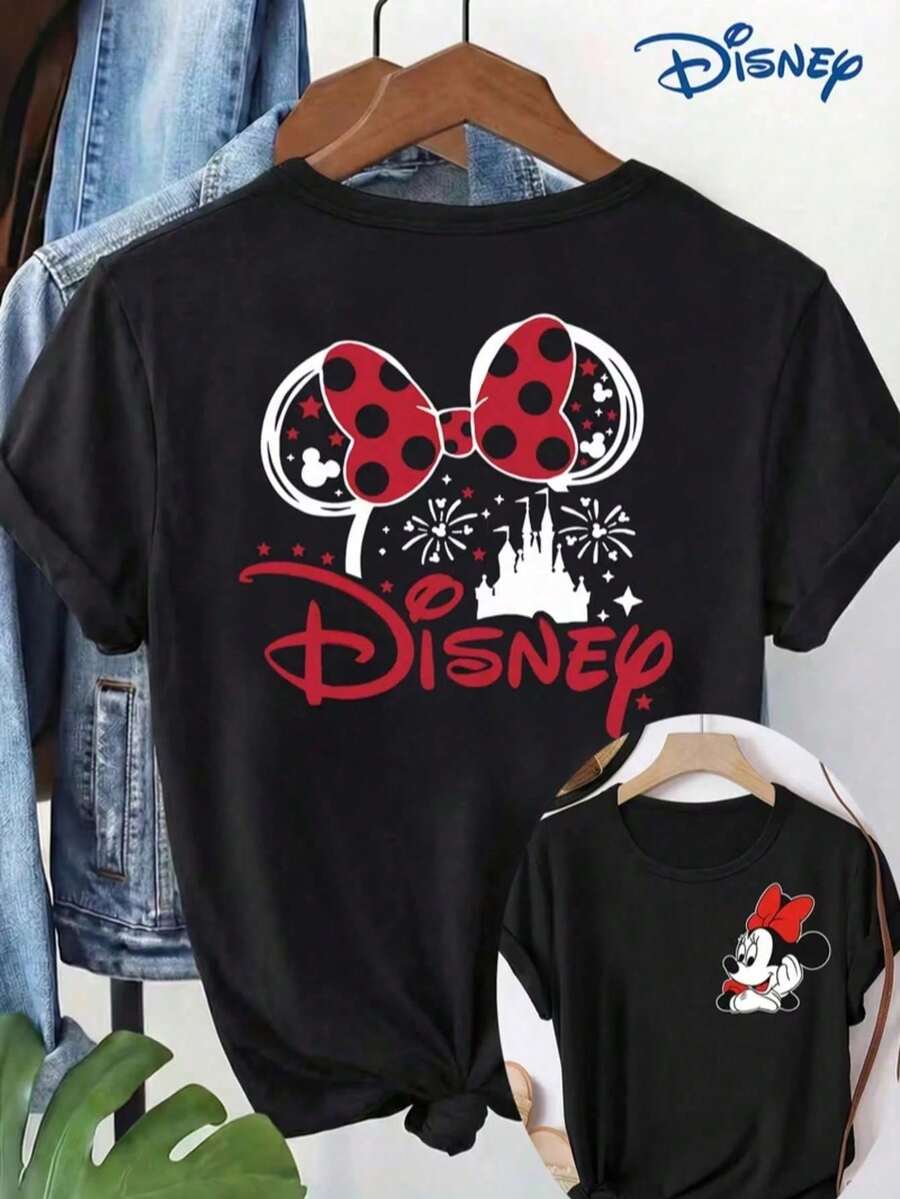 Official Disney Authorization, Women's Casual Cotton T-Shirt With Disney Minnie Mouse Bow And Castle Print, Regular Fit, Round Neck Top With Slight Stretch. - 黑色 - 查看 1