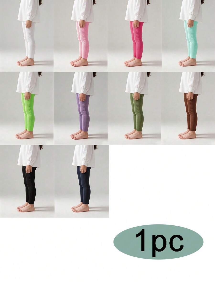 1件女童純色垂直條紋短款緊身褲,適合日常穿著,四季皆宜 - 彩色 - 查看 1
