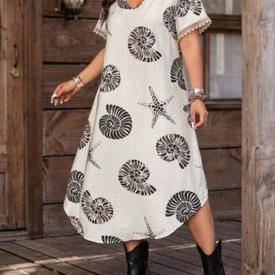 guang zhou mi qian shang mao Vestido de ocio y vacaciones con dobladillo peplum estampado para mujeres en tallas grandes - Blanco y Negro - Ver 1