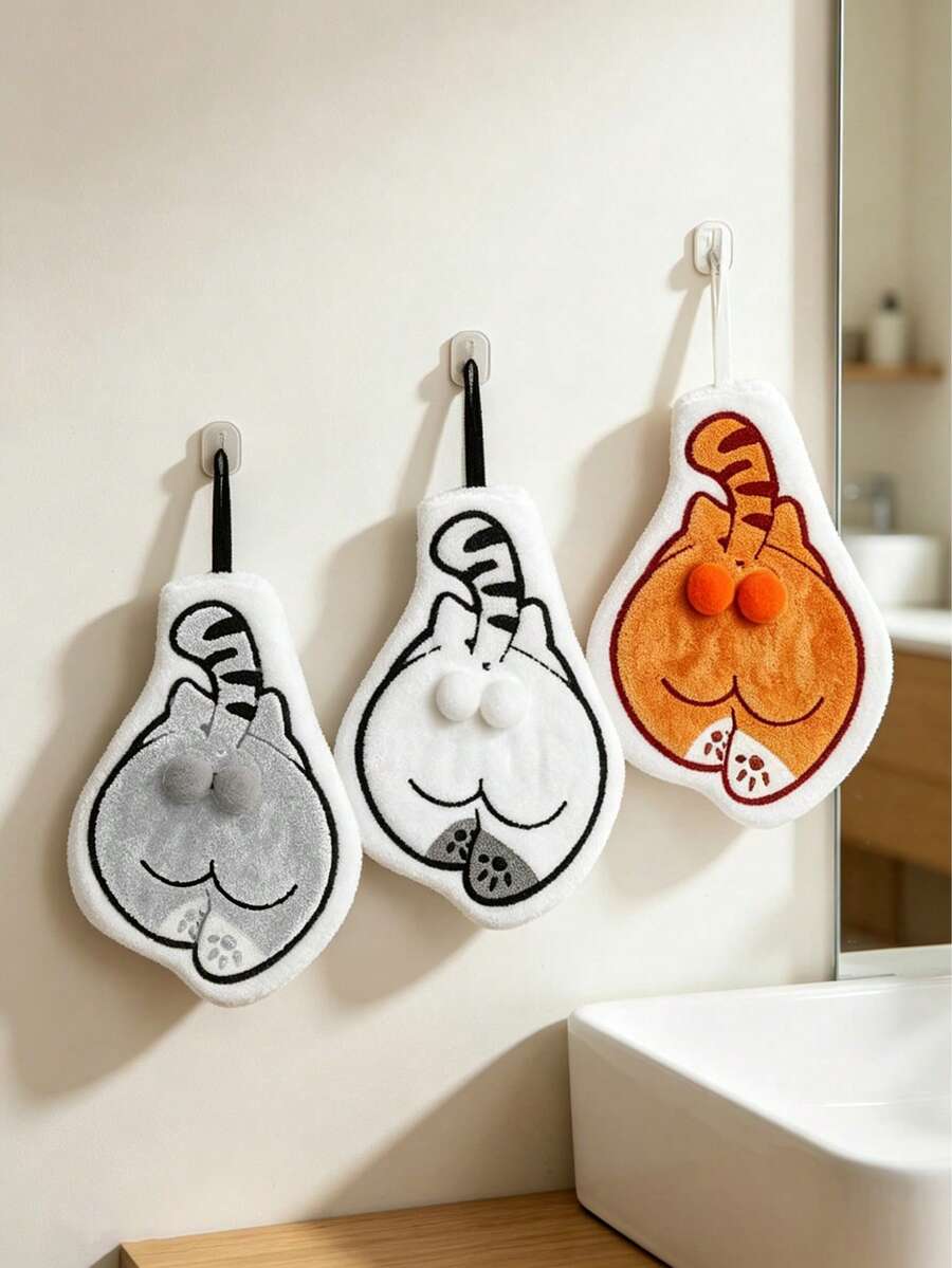 1pc/3pcs Cute Cat Back Pattern Super Absorbent Hand Towel Hanging Decorative Towel, Kitchen Bathroom Decorative Hand Towel Absorbent Easy To Clean Personalized Towel - Multicolor - View 1