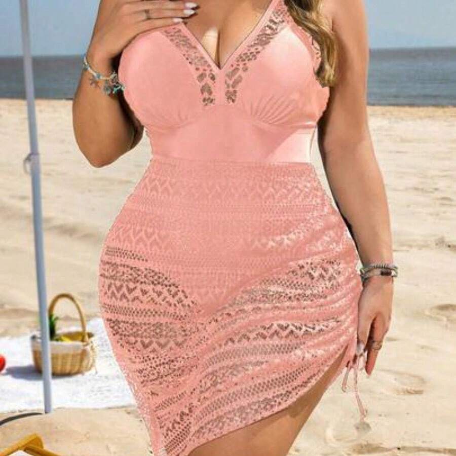 YijiaNvz Swim Lushoire Traje de baño tankini de talla grande con falda, de tela negra y tela jacquard de punto, con cuello en V, tirantes ajustables, cordón con túnel, elegante y sexy para la playa y vacaciones casuales - Rosa Pálido - Ver 1