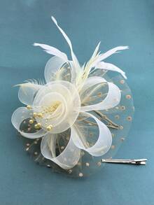 1pc Women's Tea Party Hair Accessory Headband Kentucky Derby Hat Floral Mesh Fascinator Hair Clip Suitable For Wedding - Beige - View 3