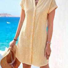 guangzhougaolangshangmao  Vestido camisero de verano para mujer, de manga corta, cuello en V y rayas, hasta la rodilla, vestidos de verano para mujer, vacaciones - Amarillo - Ver 1