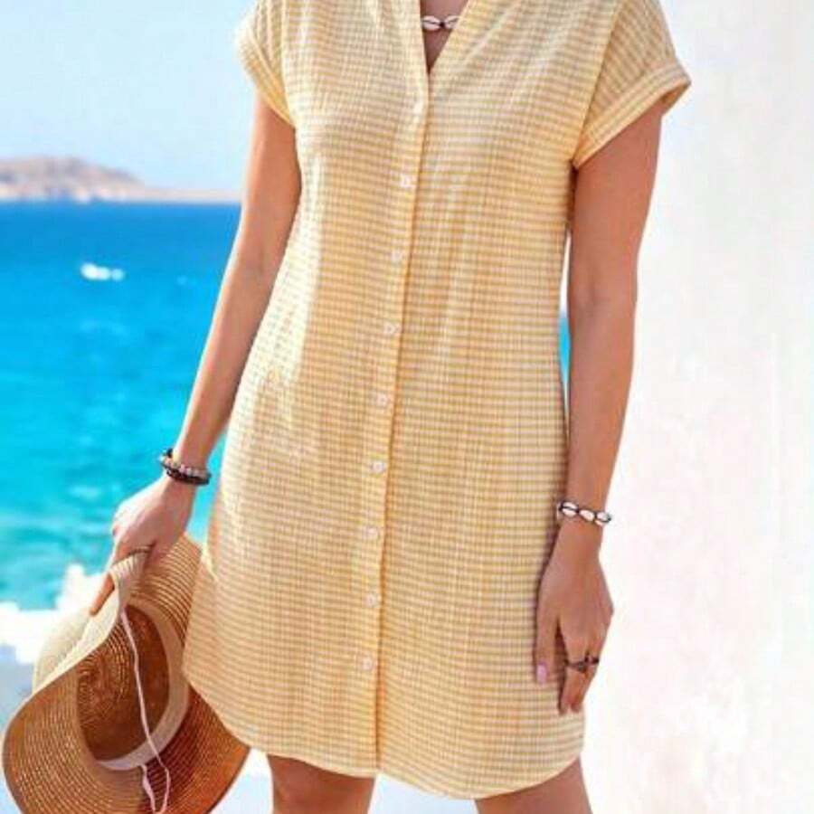 guangzhougaolangshangmao Vestido camisero de verano para mujer, de manga corta, cuello en V y rayas, hasta la rodilla, vestidos de verano para mujer, vacaciones - Amarillo - Ver 1