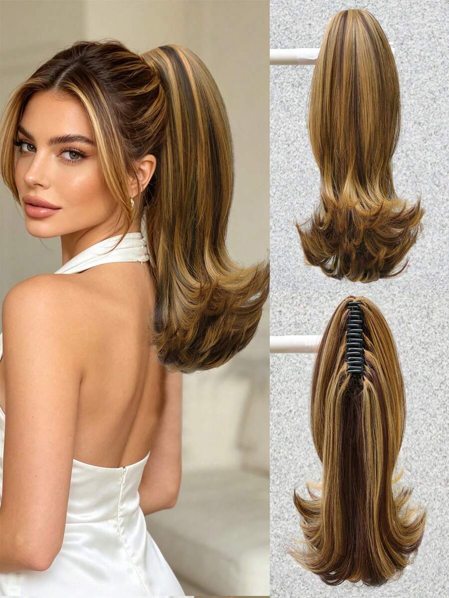 Women's Ponytail Clip-On Synthetic Hair Ponytail, Heat Resistant Fiber Hair, Dark Brown With Highlights - 挑染棕色 - 查看 1