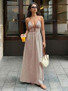Vestido Cuello Halter Espalda Descubierta Rayas Disponible en Múltiples Colores - Café integral - Ver 2
