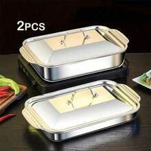 4-Piece (2 Stainless Steel Deep Pans And 2 Lids With Handles) Heavy-Duty Stainless Steel Rectangular Fish Baking Tray With Lid, Large Capacity Multi-Purpose Heating Tray, Suitable For Barbecue, Buffet And Home Cooking, Suitable For Dessert, Bread, Seafood, Suitable For Barbecue, Buffet And Home Cooking, A Must-Have For Holiday Cooking. - Multiple Styles - View 10