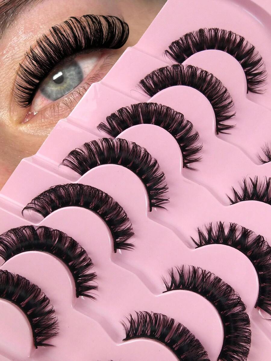 7 Pairs D Curl Russian Strip False Eyelashes Natural Look Fluffy Volume 3D Faux Mink Lashes Volume Wispy Long Foxy Eye Lifting Look Fake Eyelashes