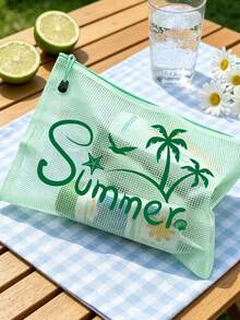時尚防水PVC沙灘包，印有「Summer」椰子樹、海鷗、海星、貝殼等元素，彩色字母印花，A4尺寸，透明化妝包，尼龍拉鍊，適合游泳、潛水和夏季度假，輕巧便攜，男女通用，沙灘包配件，旅行必備，度假必備。返校用品盥洗包，大容量洗澡包，女性母親節禮物，教師節禮物，郵輪旅行必備 - 彩色 - 查看 7