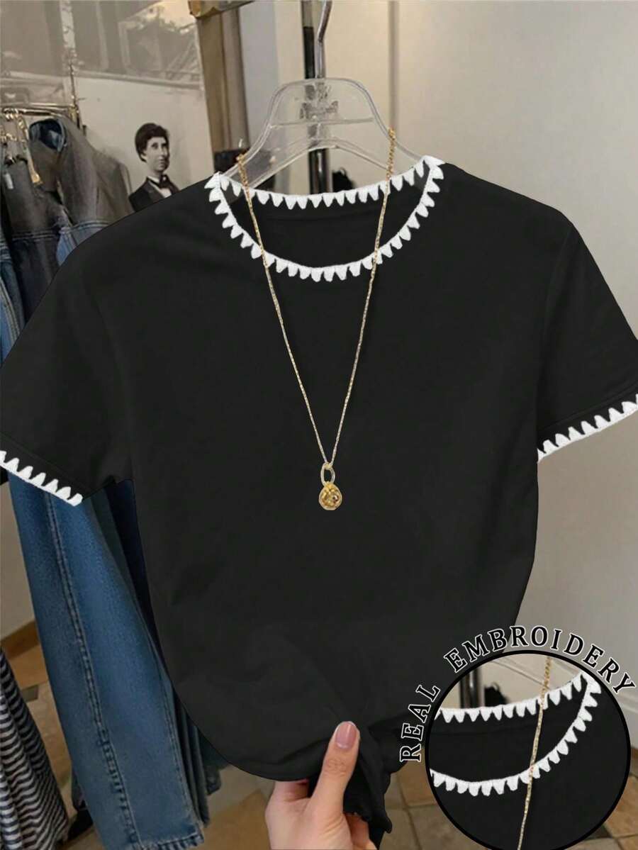 Camiseta de cuello redondo de manga corta acanalada y casual para mujer, de verano - Negro - Ver 1