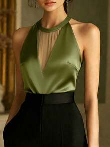 Nuevo top de tirantes de mujer de primavera/verano de color negro sólido con espalda retorcida, malla hueca, elegante y ajustado, para uso casual, trabajo, vacaciones y citas - Verde Oliva - Ver 1