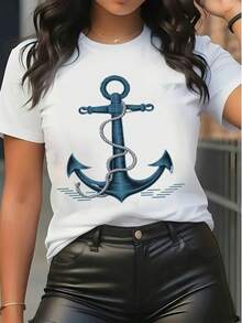 Women's Pure Cotton Short-Sleeve T-Shirt With Nautical Anchor Graphic Print - White - View 6