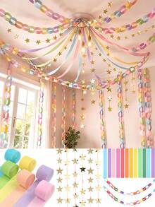 1 Set Macaron Color Birthday Party Decoration Kit - 197ft Crepe Paper Ribbon And 100 Paper Strips (For Making Chains) - 20ft Double-Sided Gold Star Garland Backdrop, Suitable For Birthday, Wedding, Macaron Theme Party Decoration And DIY Crafts - Macarons - View 2