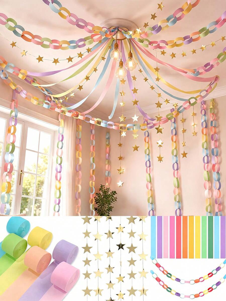 1 Set Macaron Color Birthday Party Decoration Kit - 197ft Crepe Paper Ribbon And 100 Paper Strips (For Making Chains) - 20ft Double-Sided Gold Star Garland Backdrop, Suitable For Birthday, Wedding, Macaron Theme Party Decoration And DIY Crafts