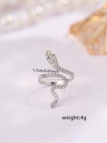 VJS 1pc Women's Oxidized Cubic Zirconia Snake Open Ring, Suitable For Women's Daily Wear And Party Gatherings - Silver - View 4